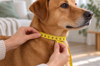 Ein gelbes Schneidermaßband mit lesbarer Zentimeterskala liegt um den Hundehals; die Nullmarkierung bleibt neben der Skala sichtbar.