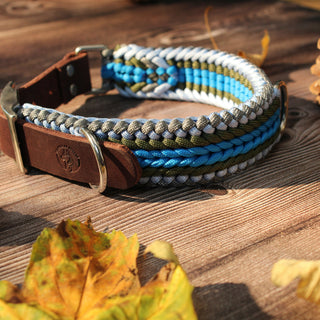 Paracord-Hundehalsband Tjock in Blau, mit braunem Fettlederriemen und Metallring auf Holz.