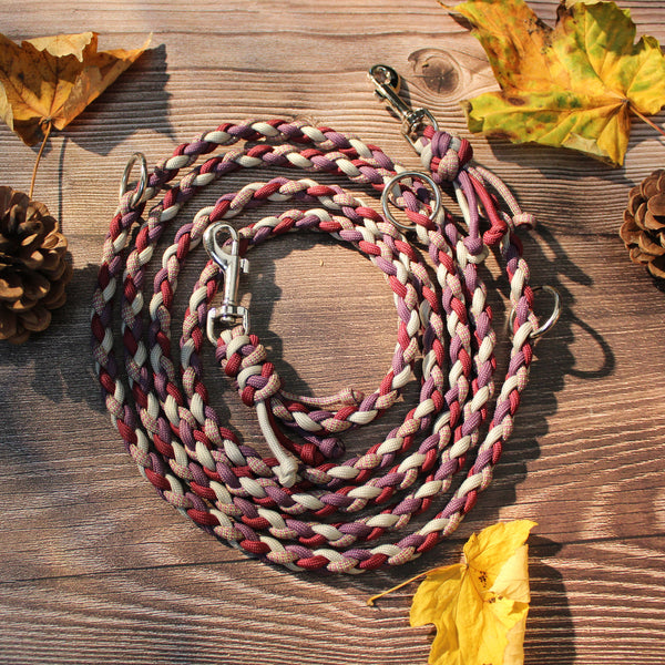 Paracord-Hundeleine Ljus in Berry, aufgerollt auf Holz, mit Karabinern und Ringen.