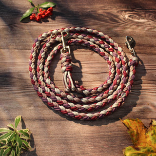 Paracord-Hundeleine Tjock in Berry, aufgerollt auf Holz, mit Karabinern und Ringen.